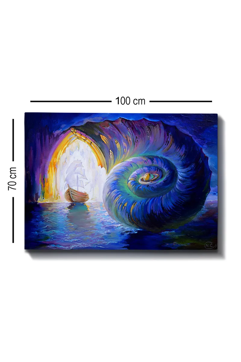 Canvastavla 70x100 cm - Segelbåt navigerar genom en stor snäcka som öppnar sig mot en ljusare värld - Blå / Grön / Lila - Inredning & dekor - Tavlor & konst - Canvastavla