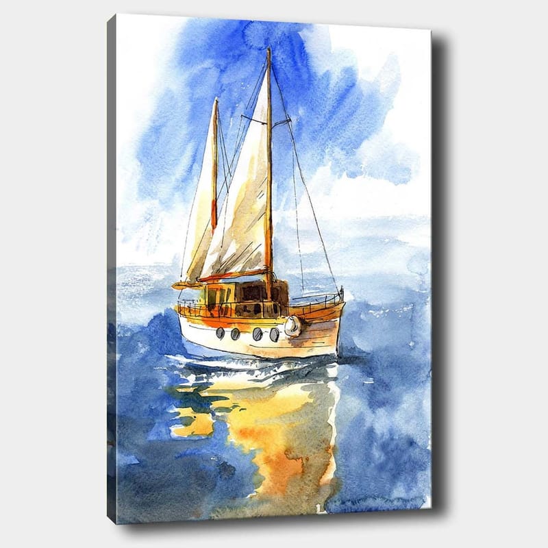 Canvastavla 70x100 cm - Segelbåt som glider fram över det glittrande vattnet under en klar himmel, Blå / Vit / Beige