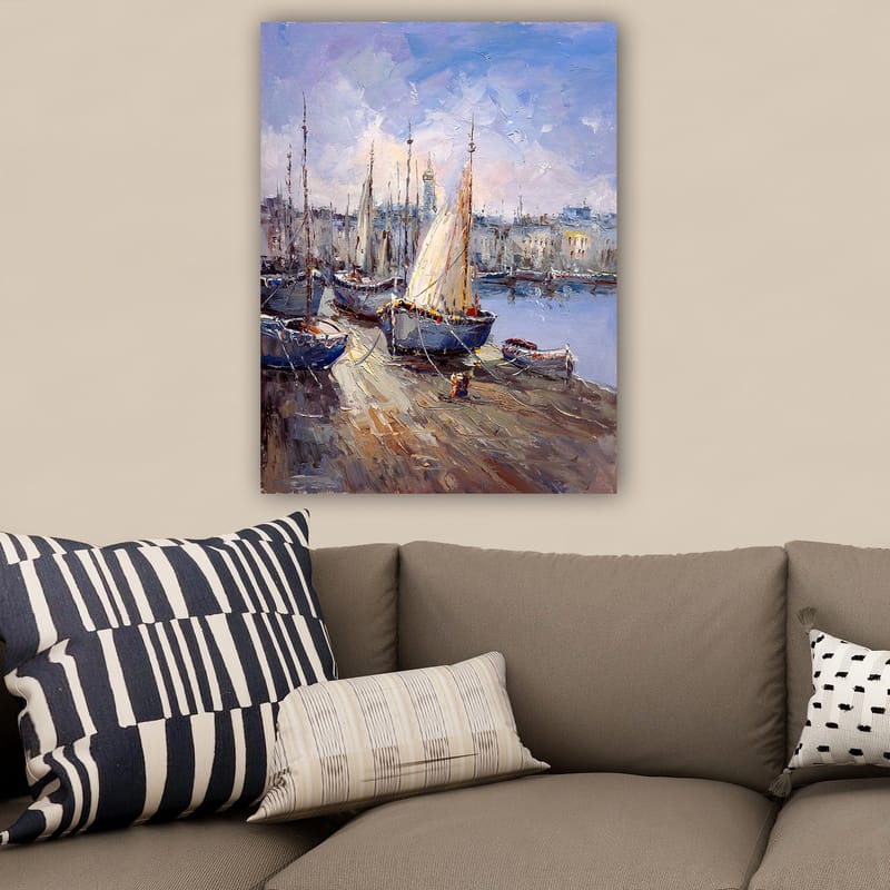 Canvastavla 70x100 cm - Segelbåtar i hamn under en klar himmel - Blå / Vit / Beige - Inredning & dekor - Tavlor & konst - Canvastavla