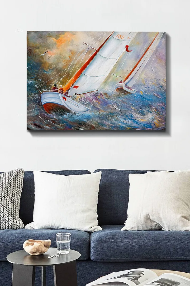 Canvastavla 70x100 cm - Segelbåtar som navigerar genom kraftiga vågor i en dramatisk havsmiljö - Vit / Orange / Blå - Inredning & dekor - Tavlor & konst - Canvastavla