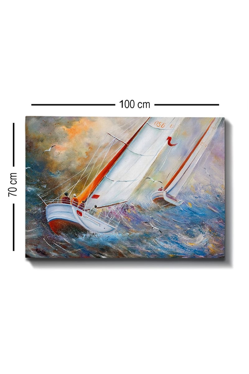 Canvastavla 70x100 cm - Segelbåtar som navigerar genom kraftiga vågor i en dramatisk havsmiljö - Vit / Orange / Blå - Inredning & dekor - Tavlor & konst - Canvastavla