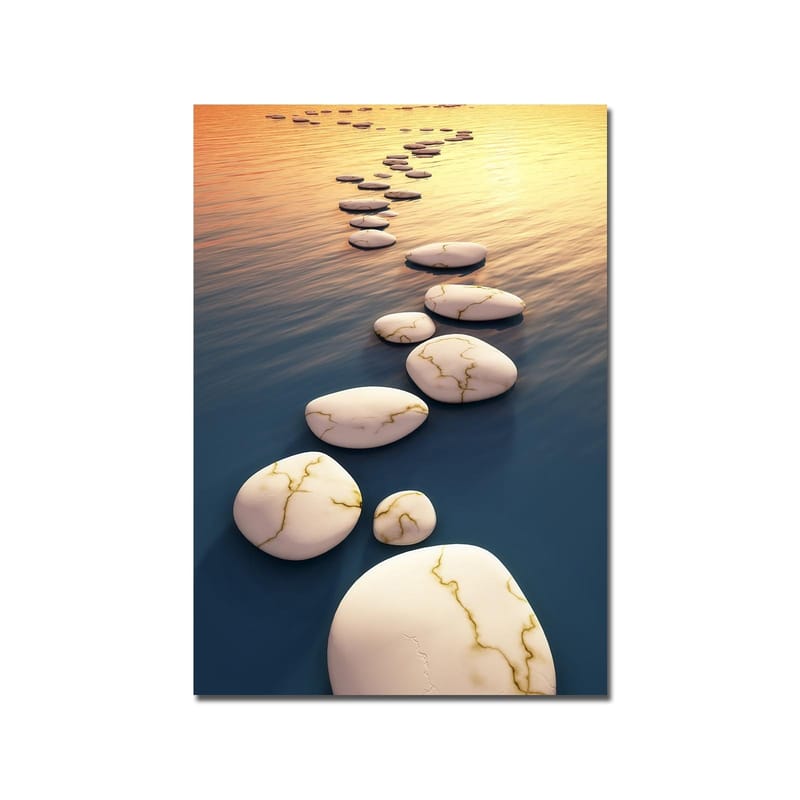 Canvastavla 70x100 cm - Serie av vita stenar med guldiga ådror som flyter på en djupblå yta vid solnedgången - Vit / Blå / Guld - Inredning & dekor - Tavlor & konst - Canvastavla