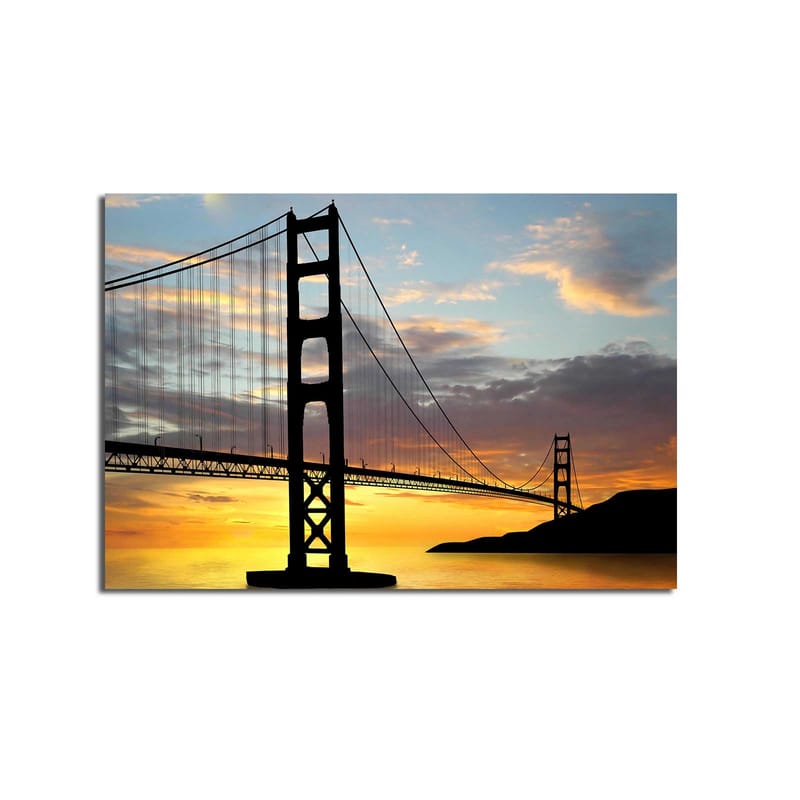 Canvastavla 70x100 cm - Silhuett av en bro mot en färgsprakande solnedgång - Orange / Svart / Blå - Inredning & dekor - Tavlor & konst - Canvastavla