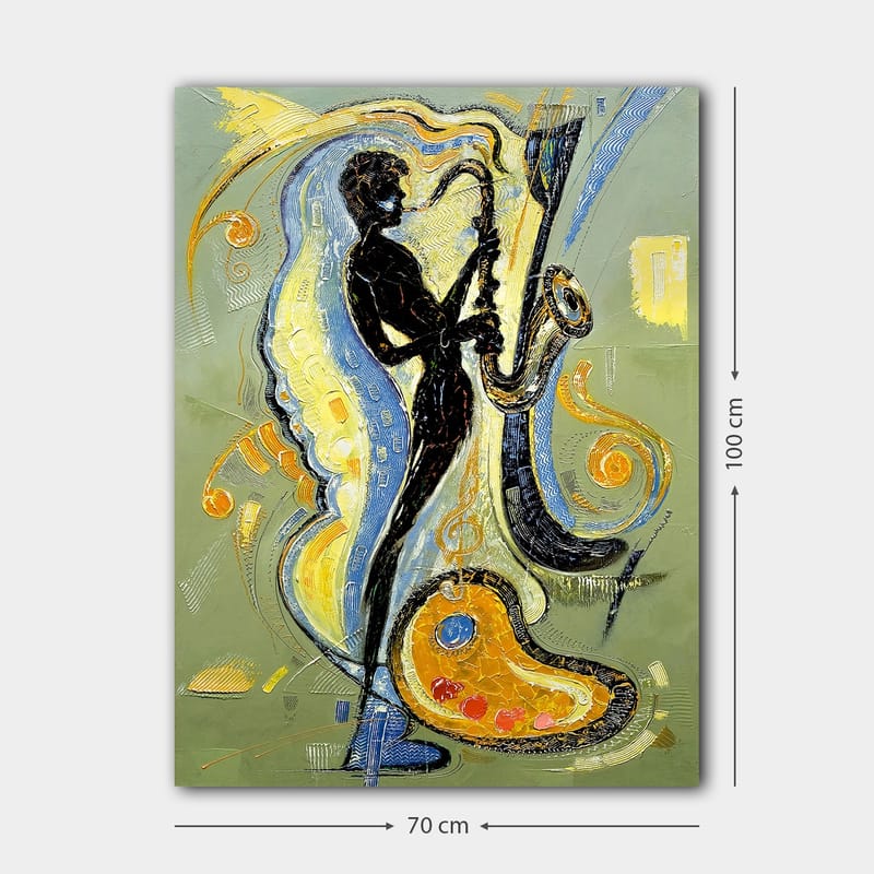Canvastavla 70x100 cm - Silhuett av en saxofonist omgiven av musikaliska element och färgglada mönster - Svart / Guld / Blå - Inredning & dekor - Tavlor & konst - Canvastavla