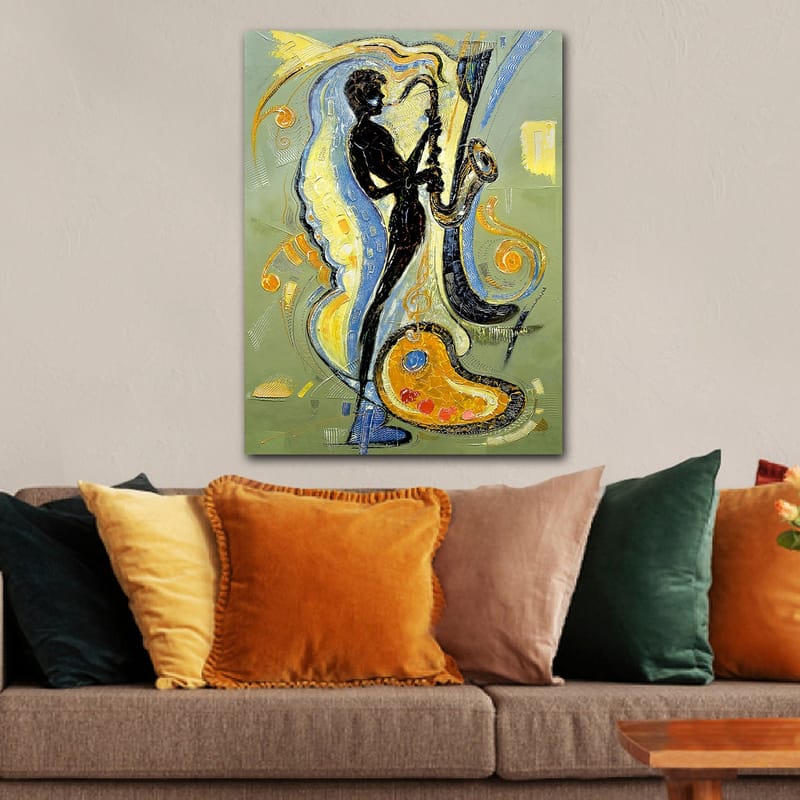 Canvastavla 70x100 cm - Silhuett av en saxofonist omgiven av musikaliska element och färgglada mönster - Svart / Guld / Blå - Inredning & dekor - Tavlor & konst - Canvastavla