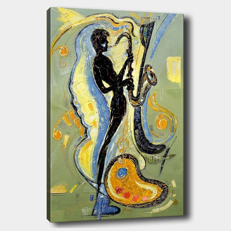Canvastavla 70x100 cm - Silhuett av en saxofonist omgiven av musikaliska element och färgglada mönster - Svart / Guld / Blå - Inredning & dekor - Tavlor & konst - Canvastavla