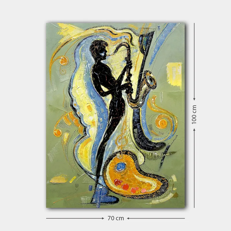 Canvastavla 70x100 cm - Silhuett av en saxofonist omgiven av musikaliska element och färgglada mönster - Svart / Guld / Blå - Inredning & dekor - Tavlor & konst - Canvastavla