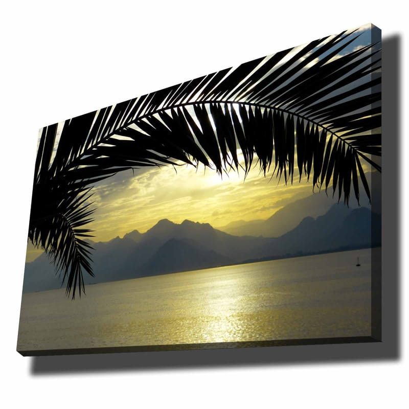 Canvastavla 70x100 cm - Silhuett av palmer mot en gyllene solnedgång över bergen och havet - Svart / Guld / Grå - Inredning & dekor - Tavlor & konst - Canvastavla