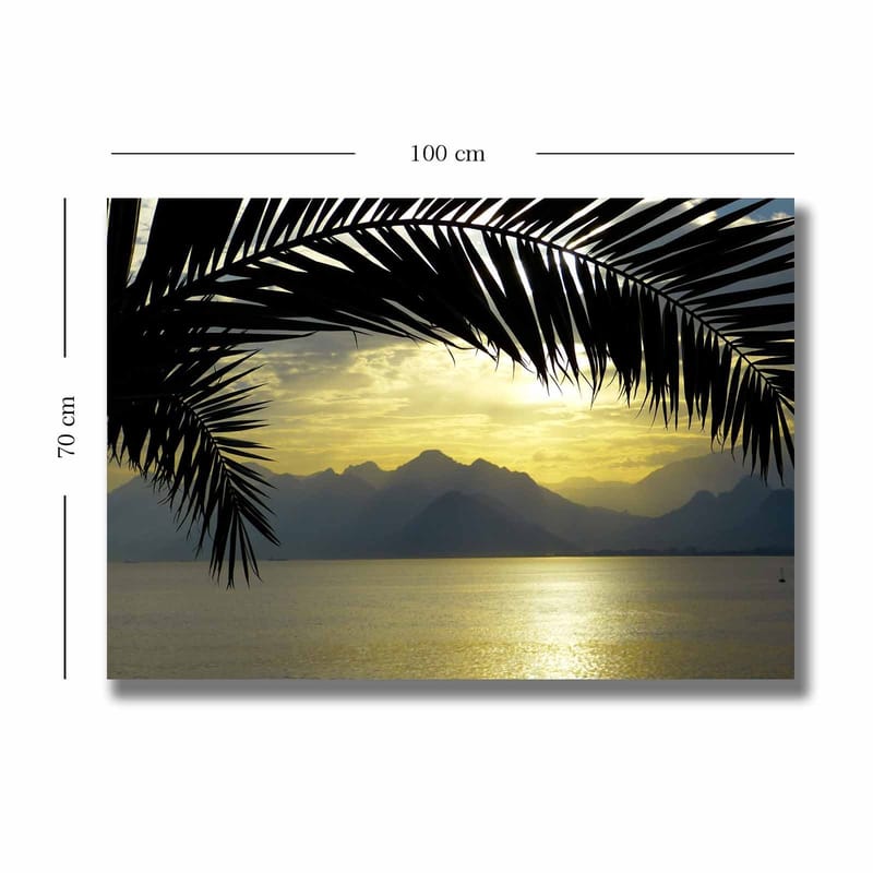 Canvastavla 70x100 cm - Silhuett av palmer mot en gyllene solnedgång över bergen och havet - Svart / Guld / Grå - Inredning & dekor - Tavlor & konst - Canvastavla