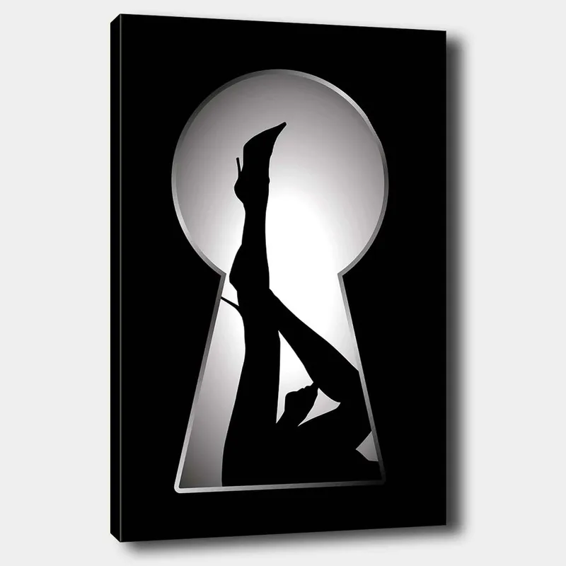 Canvastavla 70x100 cm - Silhuetten av en kvinna i högklackade skor genom ett nyckelhål, Svart / Vitt