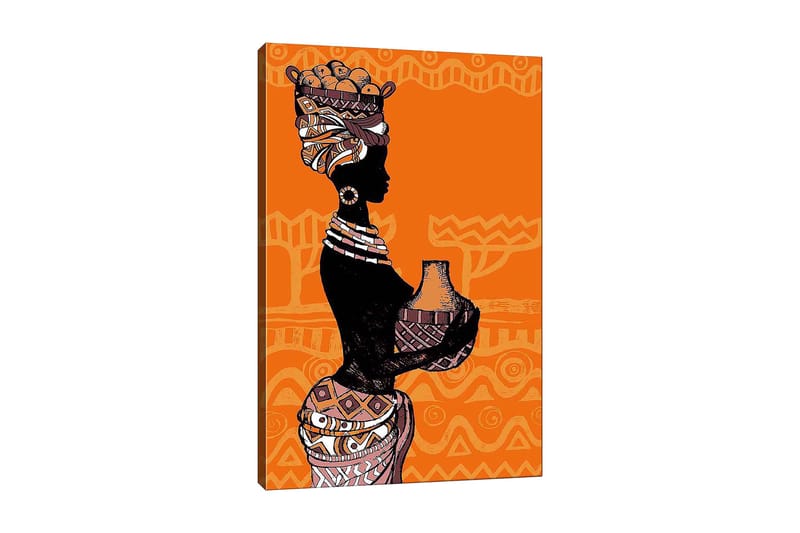 Canvastavla 70x100 cm - Silhuetten av en kvinna med en kruka och frukter på huvudet, omgiven av geometriska mönster - Svart / Orange / Beige - Inredning & dekor - Tavlor & konst - Canvastavla
