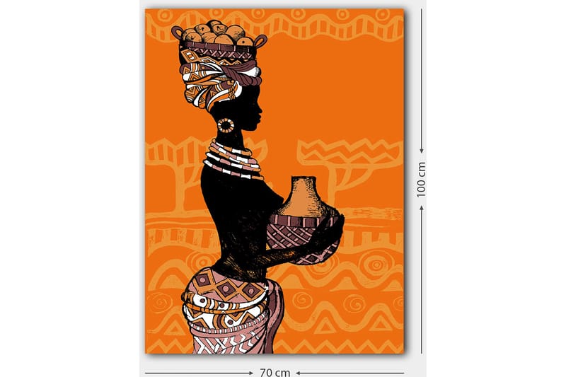 Canvastavla 70x100 cm - Silhuetten av en kvinna med en kruka och frukter på huvudet, omgiven av geometriska mönster - Svart / Orange / Beige - Inredning & dekor - Tavlor & konst - Canvastavla