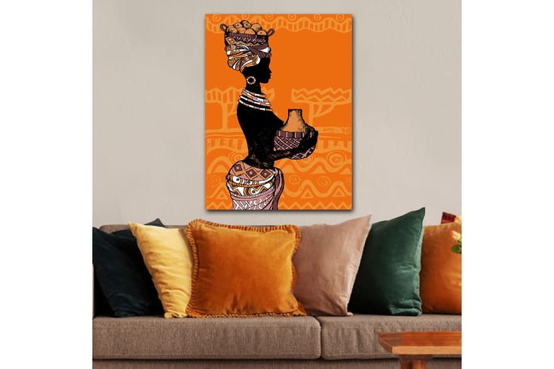 Canvastavla 70x100 cm - Silhuetten av en kvinna med en kruka och frukter på huvudet, omgiven av geometriska mönster - Svart / Orange / Beige - Inredning & dekor - Tavlor & konst - Canvastavla