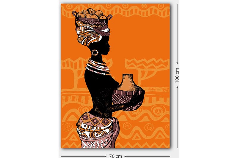 Canvastavla 70x100 cm - Silhuetten av en kvinna med en kruka och frukter på huvudet, omgiven av geometriska mönster - Svart / Orange / Beige - Inredning & dekor - Tavlor & konst - Canvastavla