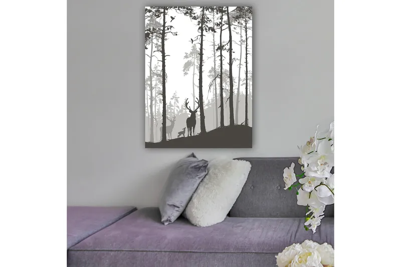 Canvastavla 70x100 cm - Silhuetter av hjortar i en skogsmiljö, Svart / Grå / Vit