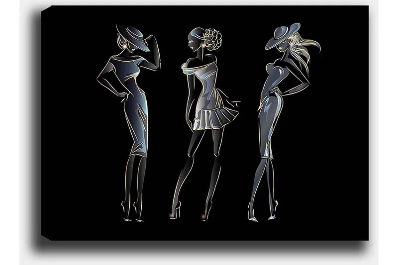 Canvastavla 70x100 cm - Silhuetter av tre eleganta kvinnor i modekläder - Svart / Guld / Vit - Inredning & dekor - Tavlor & konst - Canvastavla