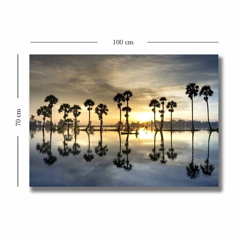 Canvastavla 70x100 cm - Silhuetter av palmer vid en spegelblanka sjö vid solnedgång - Guld / Blå / Svart - Inredning & dekor - Tavlor & konst - Canvastavla