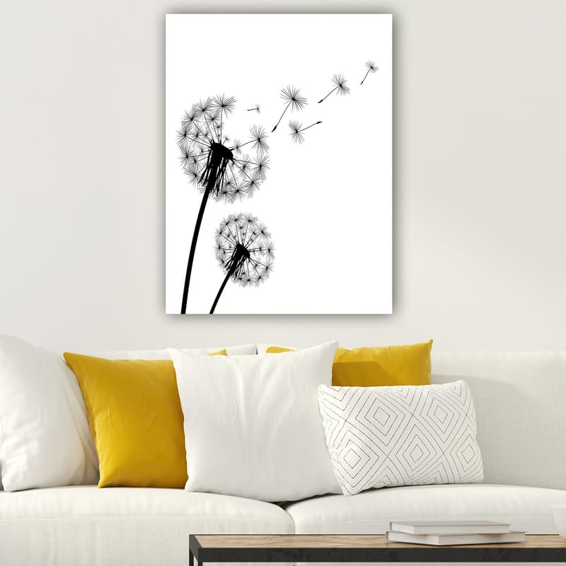 Canvastavla 70x100 cm - Siluetter av maskrosor som sprider sina frön i vinden - Svart / Vitt - Inredning & dekor - Tavlor & konst - Canvastavla