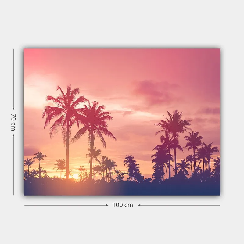 Canvastavla 70x100 cm - Siluetter av palmer mot en färgsprakande solnedgång - Rosa / Lila / Svart - Inredning & dekor - Tavlor & konst - Canvastavla