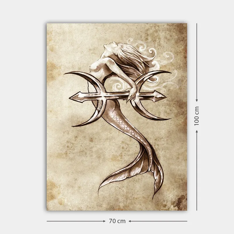 Canvastavla 70x100 cm - Siren som håller i en trident och sträcker sig ut mot himlen - Beige / Brun / Vit - Inredning & dekor - Tavlor & konst - Canvastavla