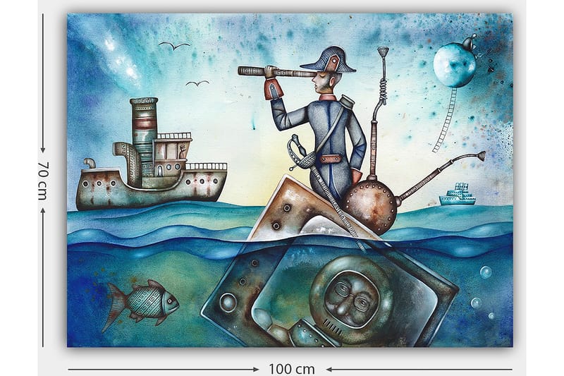 Canvastavla 70x100 cm - Sjöman som står på en båt och spanar med en kikare över havet, omgiven av olika maritima element - Blå / Grön / Brun - Inredning & dekor - Tavlor & konst - Canvastavla