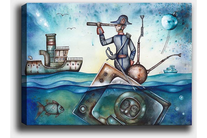 Canvastavla 70x100 cm - Sjöman som står på en båt och spanar med en kikare över havet, omgiven av olika maritima element - Blå / Grön / Brun - Inredning & dekor - Tavlor & konst - Canvastavla