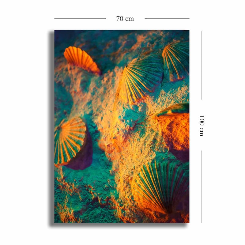Canvastavla 70x100 cm - Skaldjursskal på sand med en färgglad och drömlik bakgrund - Turkos / Orange / Lila - Inredning & dekor - Tavlor & konst - Canvastavla