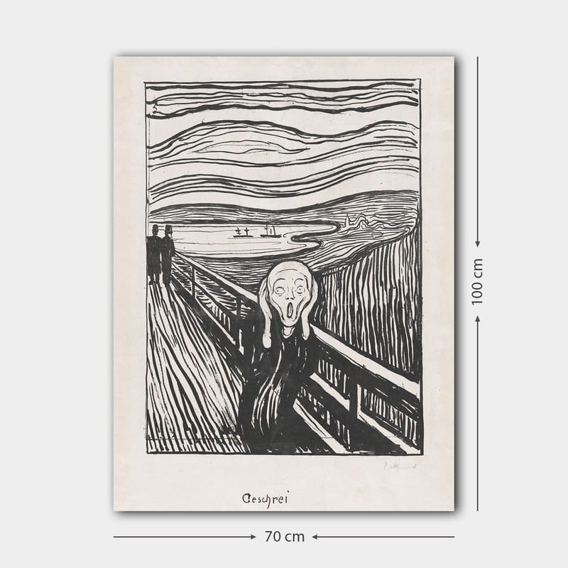Canvastavla 70x100 cm - Skrikande figur står på en bro med en dramatisk bakgrund av virvlande linjer och en mörk himmel - Svart / Vitt / Grått - Inredning & dekor - Tavlor & konst - Canvastavla
