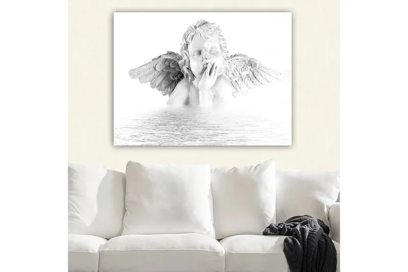 Canvastavla 70x100 cm - Skulptur av en ängel med vingar som sitter i en eftertänksam pose - Vit / Grå - Inredning & dekor - Tavlor & konst - Canvastavla