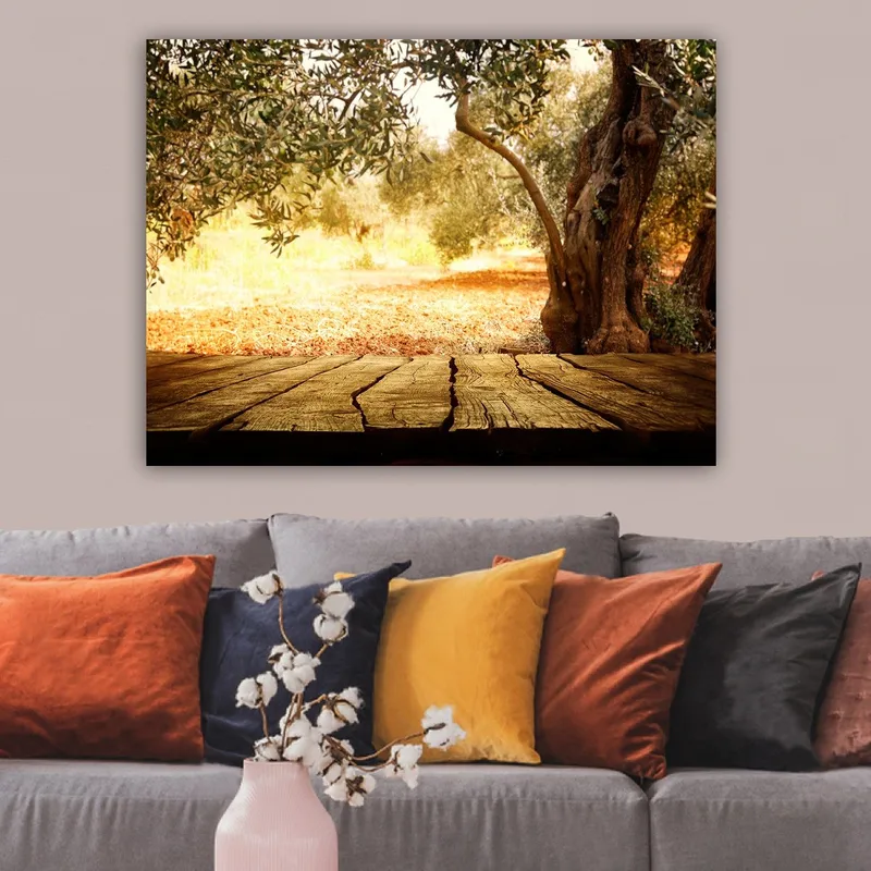 Canvastavla 70x100 cm - Solbelyst landskapsscen med olivträd och en träyta i förgrunden - Guld / Brun / Grön - Inredning & dekor - Tavlor & konst - Canvastavla