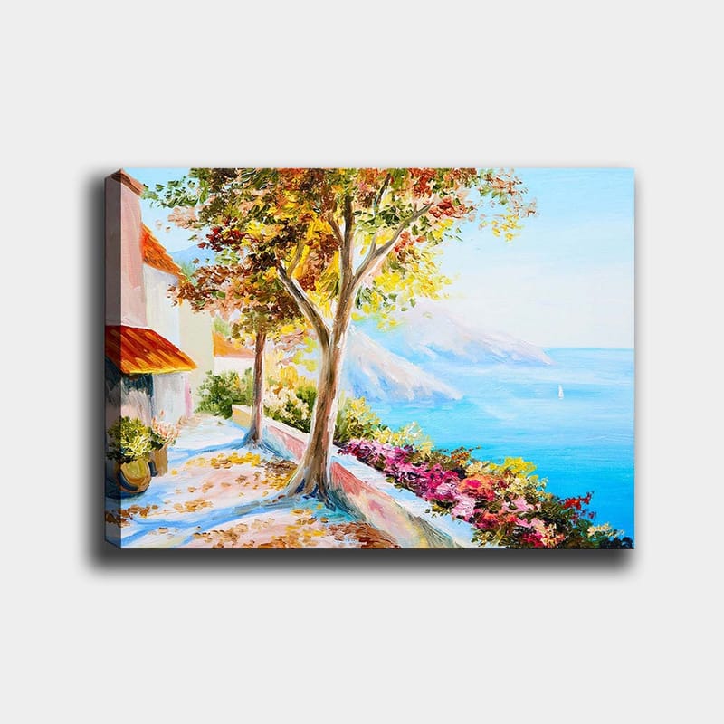 Canvastavla 70x100 cm - Solig kustpromenad med färgglada träd och blommor som leder ner mot havet - Blå / Grön / Orange - Inredning & dekor - Tavlor & konst - Canvastavla