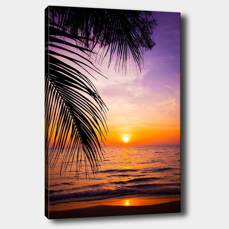 Canvastavla 70x100 cm - Solnedgång över havet med palmer i förgrunden, Lila / Orange / Gult