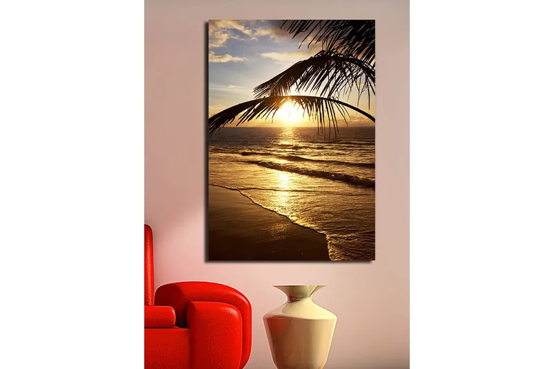 Canvastavla 70x100 cm - Solnedgång över havet med palmer i förgrunden - Guld / Orange / Brunt - Inredning & dekor - Tavlor & konst - Canvastavla