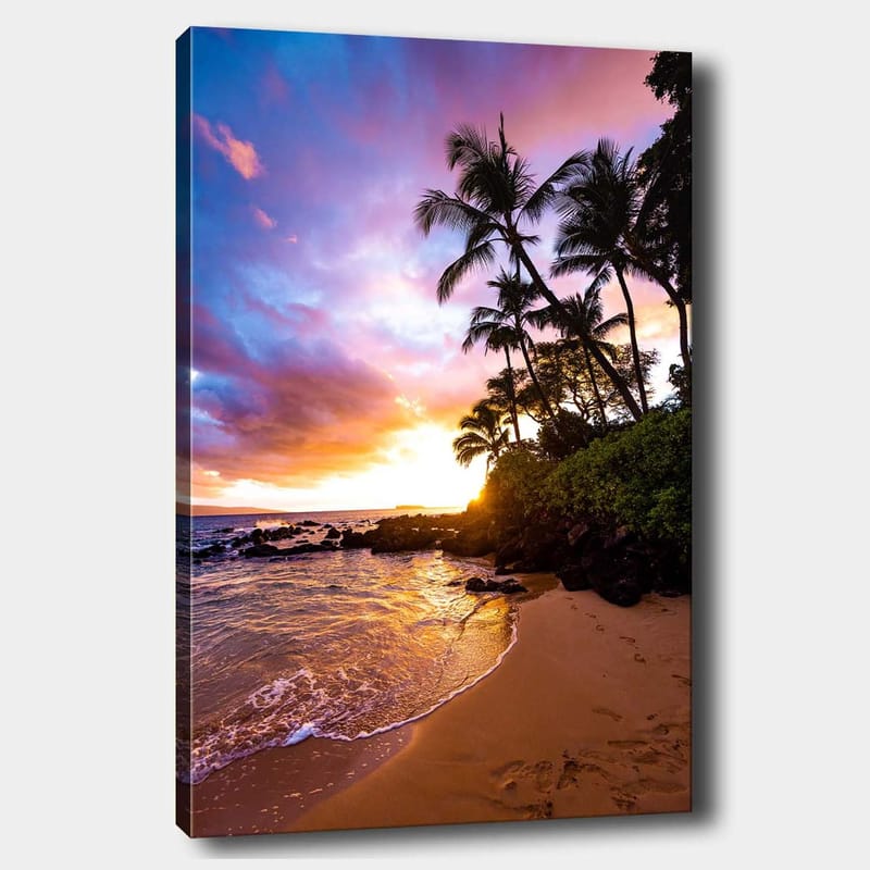 Canvastavla 70x100 cm - Solnedgång vid stranden med palmer som ramas in av färgglada moln - Lila / Orange / Grön - Inredning & dekor - Tavlor & konst - Canvastavla