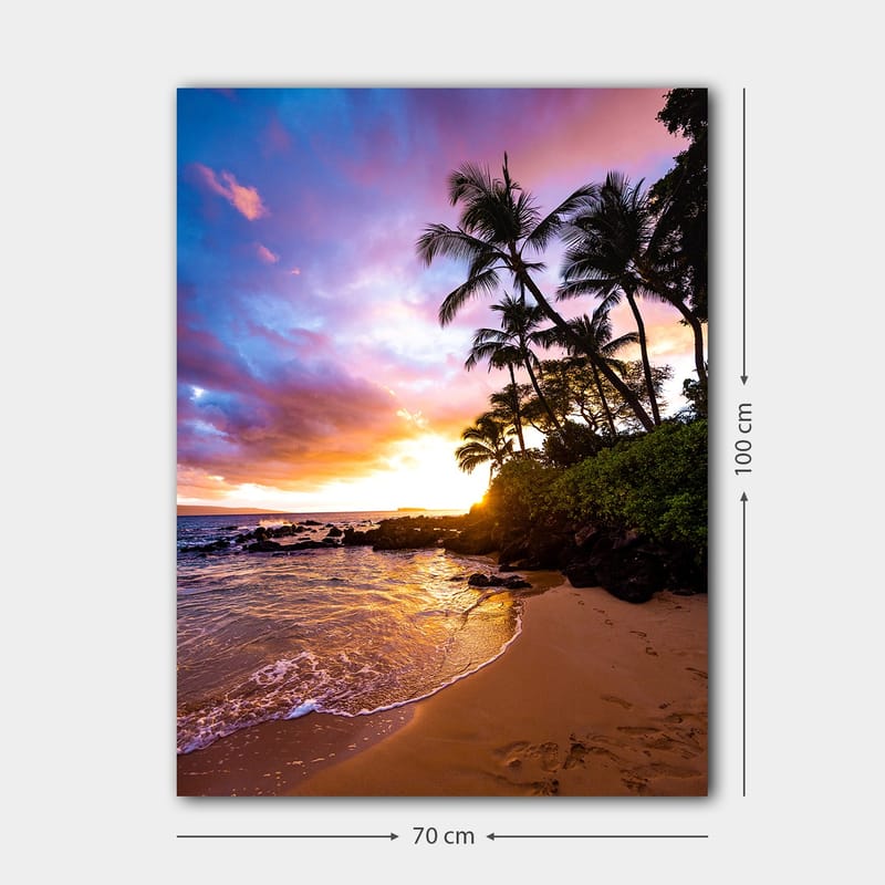 Canvastavla 70x100 cm - Solnedgång vid stranden med palmer som ramas in av färgglada moln - Lila / Orange / Grön - Inredning & dekor - Tavlor & konst - Canvastavla