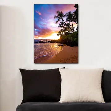 Canvastavla 70x100 cm - Solnedgång vid stranden med palmer som ramas in av färgglada moln - Lila / Orange / Grön - Inredning & dekor - Tavlor & konst - Canvastavla