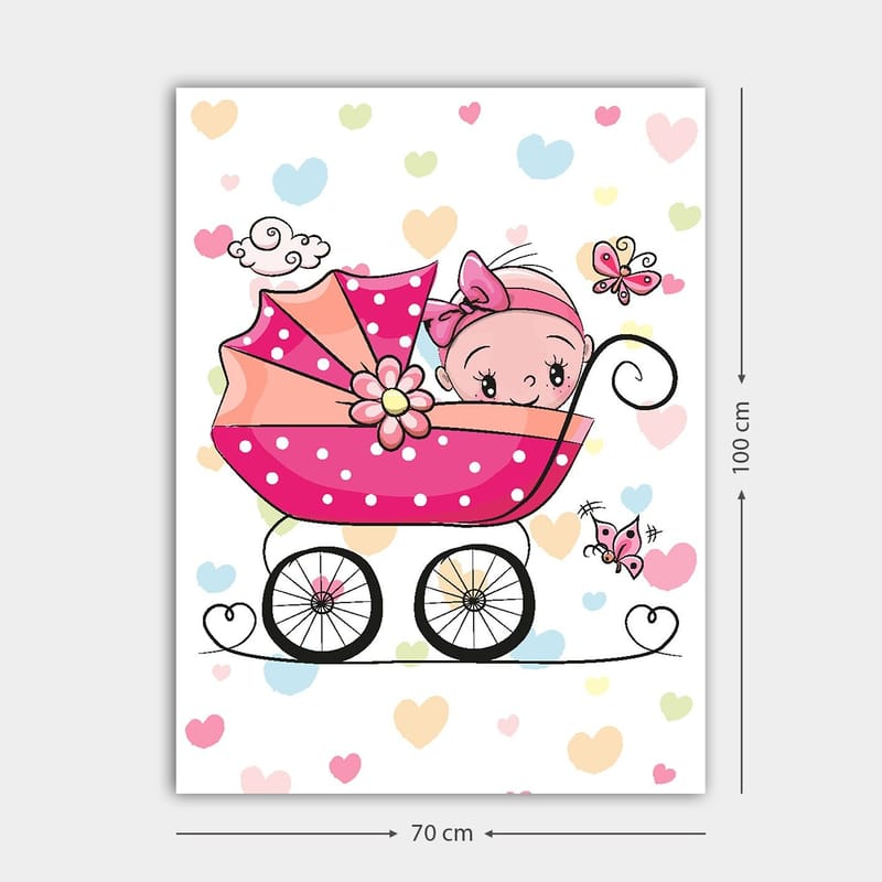 Canvastavla 70x100 cm - Söt baby i en barnvagn omgiven av färgglada hjärtan och fjärilar - Rosa / Svart / Ljusblå - Inredning & dekor - Tavlor & konst - Canvastavla