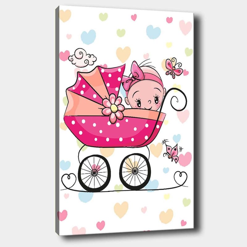 Canvastavla 70x100 cm - Söt baby i en barnvagn omgiven av färgglada hjärtan och fjärilar - Rosa / Svart / Ljusblå - Inredning & dekor - Tavlor & konst - Canvastavla