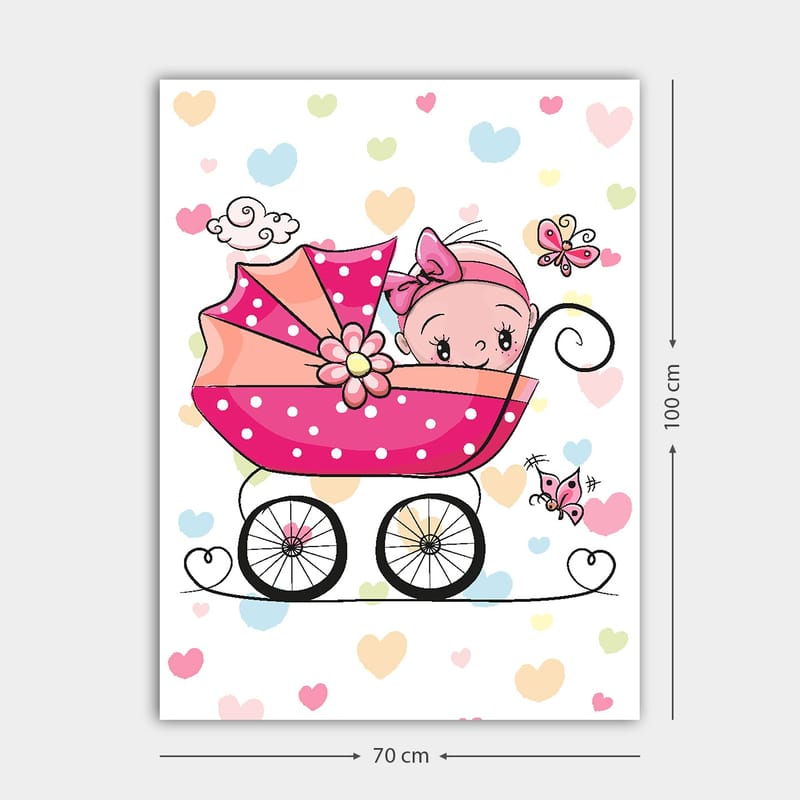 Canvastavla 70x100 cm - Söt baby i en barnvagn omgiven av färgglada hjärtan och fjärilar - Rosa / Svart / Ljusblå - Inredning & dekor - Tavlor & konst - Canvastavla