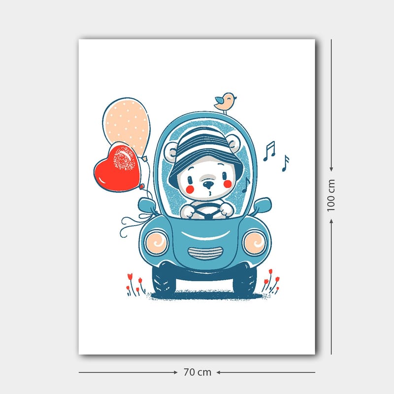 Canvastavla 70x100 cm - Söt björn i en bil som håller i ballonger och ser glad ut - Blå / Röd / Beige - Inredning & dekor - Tavlor & konst - Canvastavla