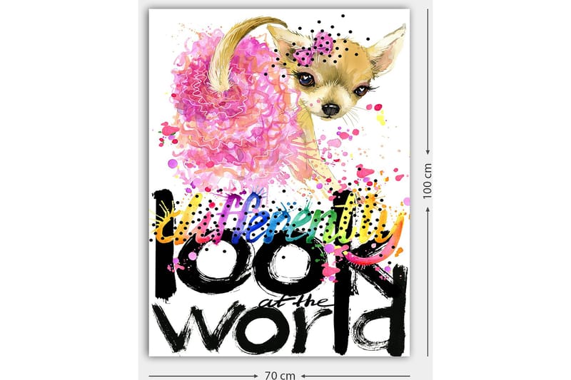 Canvastavla 70x100 cm - Söt chihuahua med en rosa blomma och färgglada detaljer - Rosa / Svart / Beige - Inredning & dekor - Tavlor & konst - Canvastavla