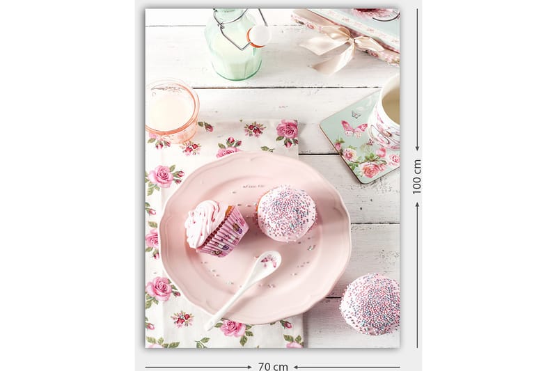 Canvastavla 70x100 cm - Söt dukning med cupcakes på en rosa tallrik - Rosa / Vit / Ljusgrön - Inredning & dekor - Tavlor & konst - Canvastavla