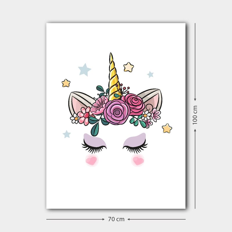 Canvastavla 70x100 cm - Söt enhörning med blommor och stjärnor som dekoration - Lila / Rosa / Guld - Inredning & dekor - Tavlor & konst - Canvastavla