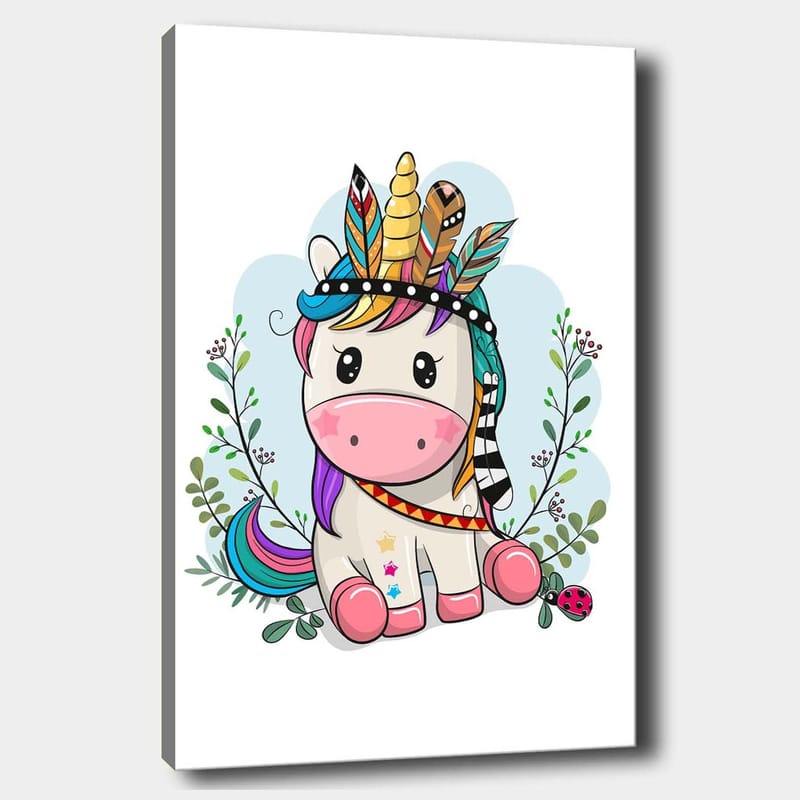 Canvastavla 70x100 cm - Söt enhörning med färgglad man och fjädrar som prydnad - Rosa / Lila / Grön - Inredning & dekor - Tavlor & konst - Canvastavla