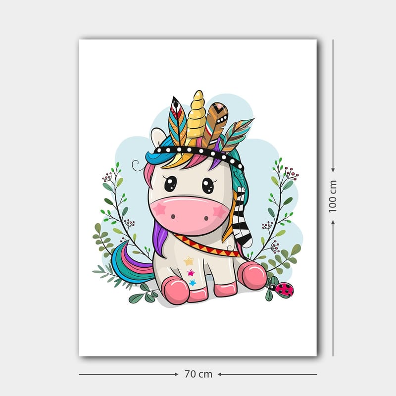 Canvastavla 70x100 cm - Söt enhörning med färgglad man och fjädrar som prydnad - Rosa / Lila / Grön - Inredning & dekor - Tavlor & konst - Canvastavla