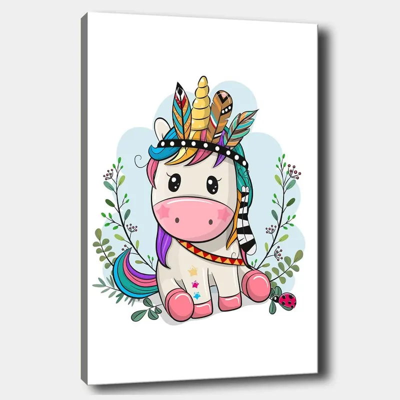 Canvastavla 70x100 cm - Söt enhörning med färgglad man och fjädrar som prydnad - Rosa / Lila / Grön - Inredning & dekor - Tavlor & konst - Canvastavla