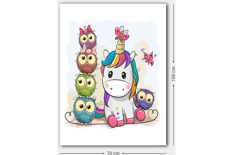 Canvastavla 70x100 cm - Söt enhörning omgiven av färgglada ugglor med stora ögon - Grå / Grön / Lila - Inredning & dekor - Tavlor & konst - Canvastavla