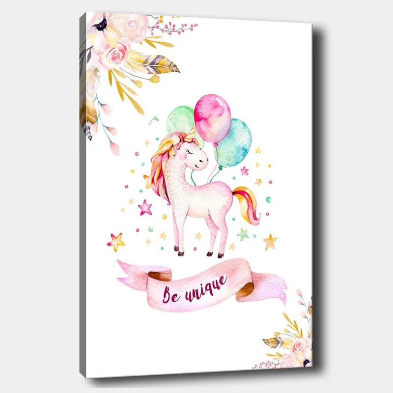 Canvastavla 70x100 cm - Söt enhörning som håller i färgglada ballonger och omges av stjärnor och blommor, Rosa / Mintgrön / Gul