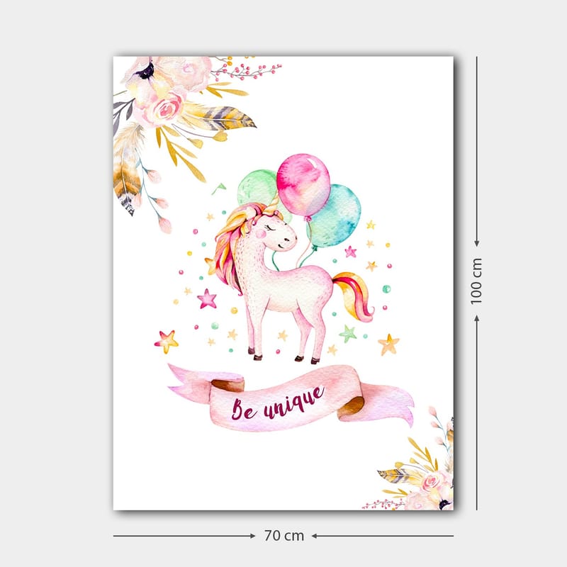 Canvastavla 70x100 cm - Söt enhörning som håller i färgglada ballonger och omges av stjärnor och blommor - Rosa / Mintgrön / Gul - Inredning & dekor - Tavlor & konst - Canvastavla