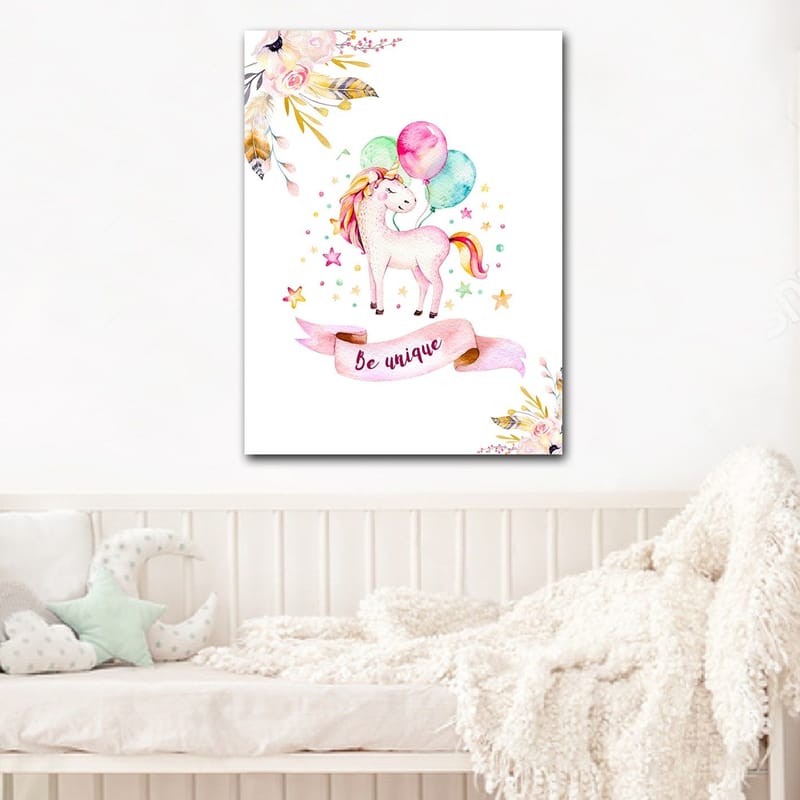 Canvastavla 70x100 cm - Söt enhörning som håller i färgglada ballonger och omges av stjärnor och blommor - Rosa / Mintgrön / Gul - Inredning & dekor - Tavlor & konst - Canvastavla